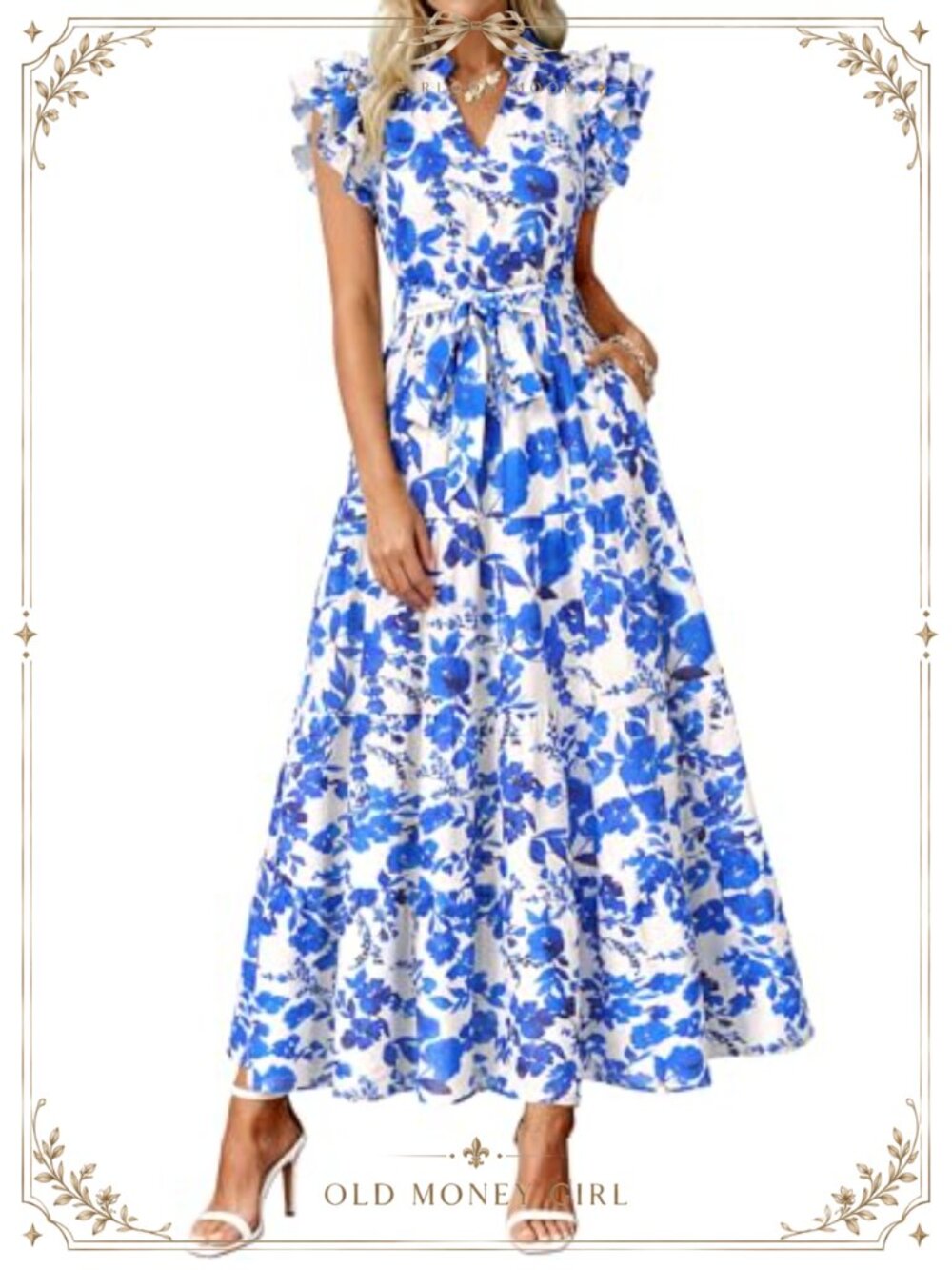 Women Summer Maxi Dress Ruffle Sleeve V Neck Floral Boho Belted Tiered Sundress